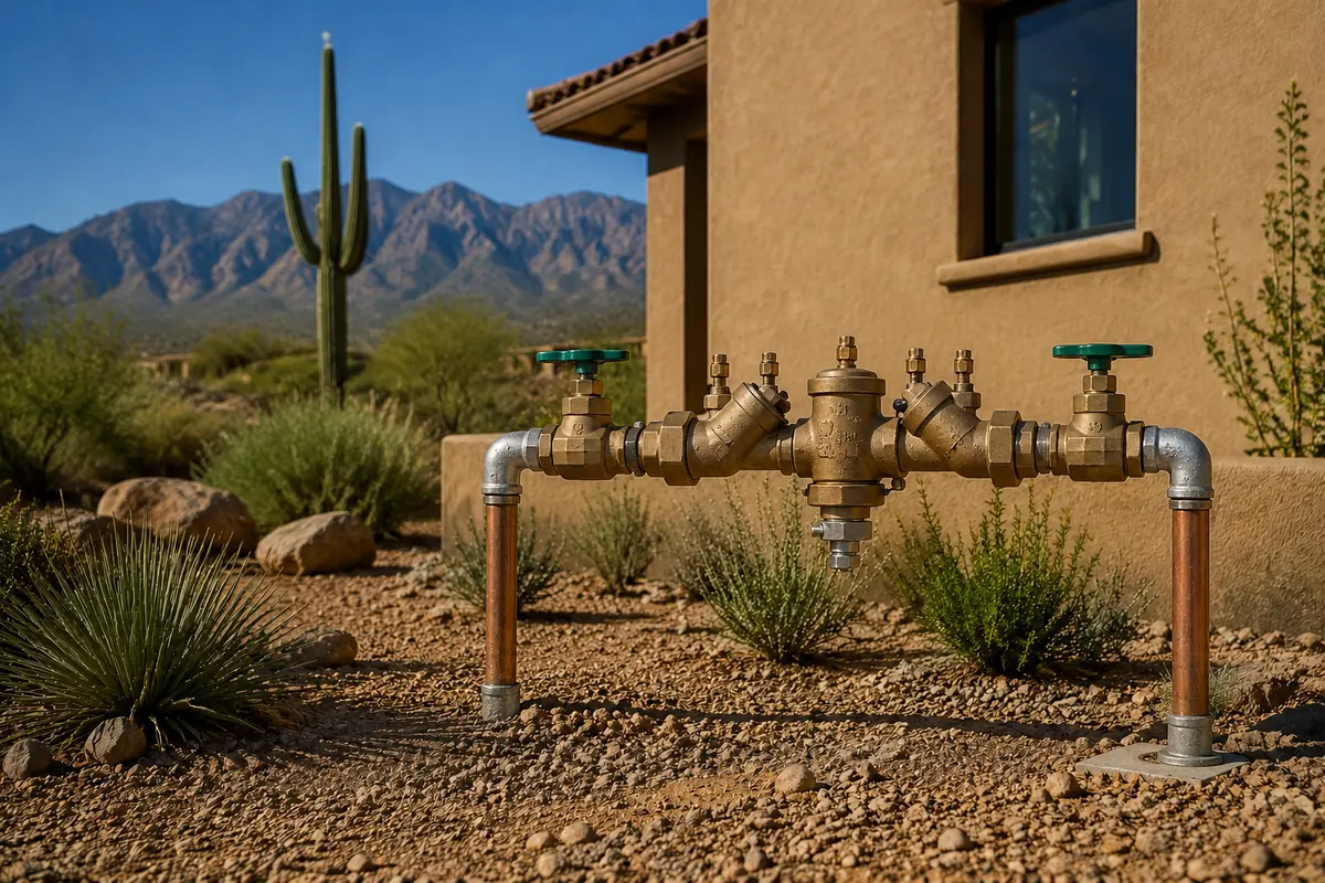 Residential backflow prevention assembly in Northwest Tucson desert landscaping