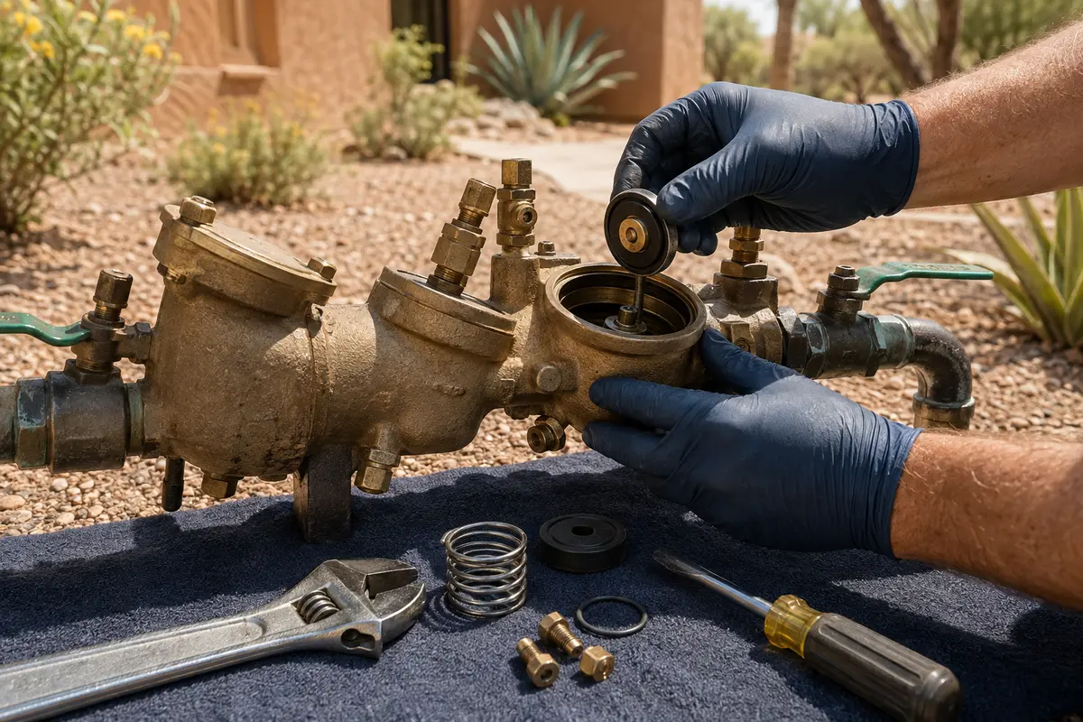 Technician tools beside a backflow prevention assembly