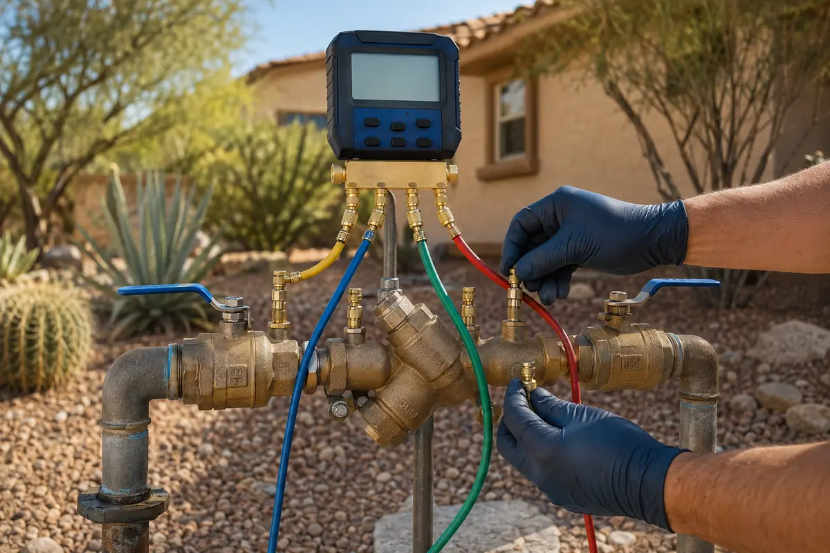Test gauges connected to an irrigation backflow assembly