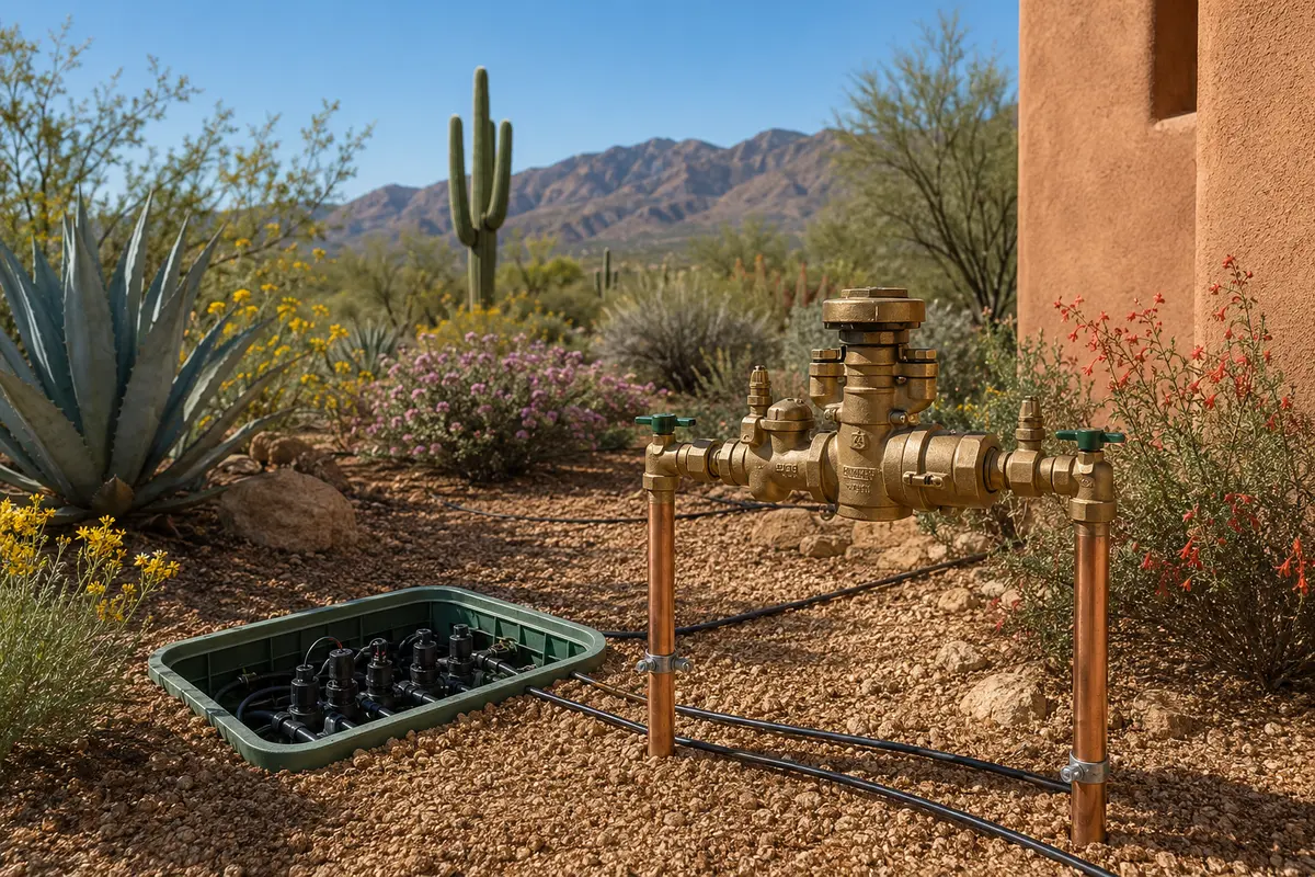 Backflow prevention assembly serving an irrigation system