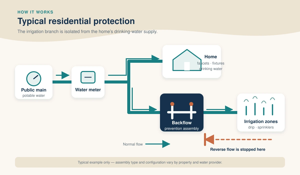 Diagram explaining how a backflow preventer protects a water supply